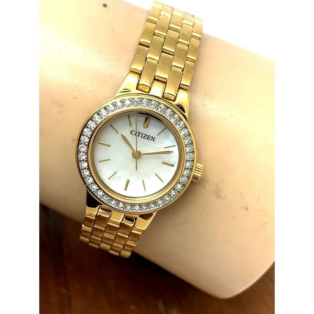 Citizen Women's Watch EJ6102-64D Quartz Gold Tone 23mm Swarovski & Bracelet Set